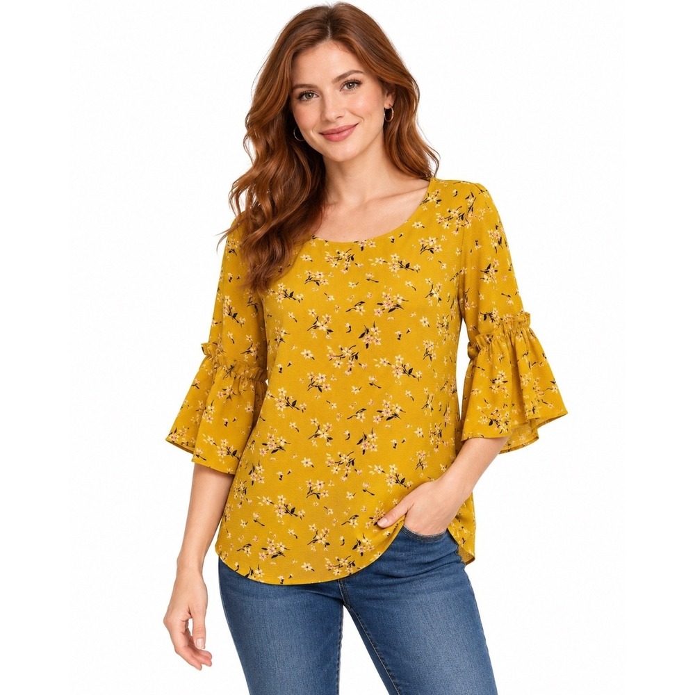 Everly Floral Bell Sleeve Blouse Womens Small Mustard Yellow Ruffle Scoop Neck